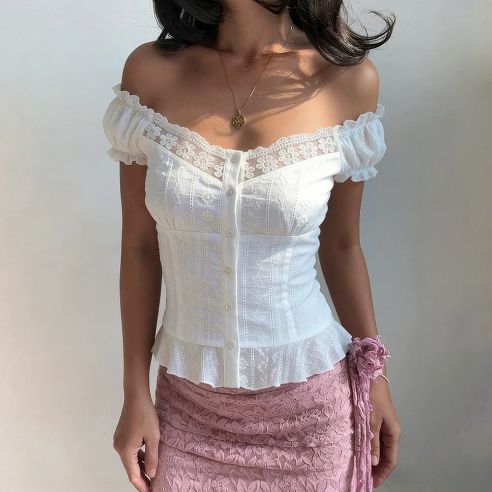 Zara Off Shoulder Puff Sleeve Lace Ruffle Button Up Blouse